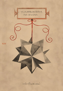 "Solid Elevated Icosahedron"(English translation). Leonardo da Vinci painting. Vintage effect. Digital art. Illustration. Art print for interior, gallery, digital screens. High quality image.