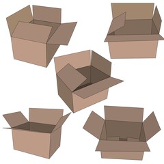 A set of packages of cardboard boxes on a transparent background. Open cardboard packaging for the delivery of moving, gifts. Empty space for signs, text.