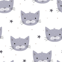 Seamless pattern with cute little baby cat. Vector print for baby shower. Printable templates