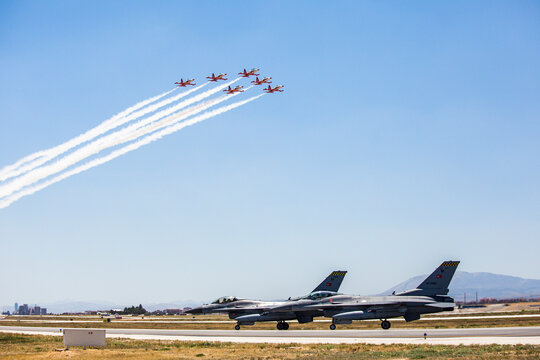 Konya, Turkey- 07 01 2021: Demonstrations of warplanes during the exercise with international participation in Turkey with the name Anatolian eagle training 2021.