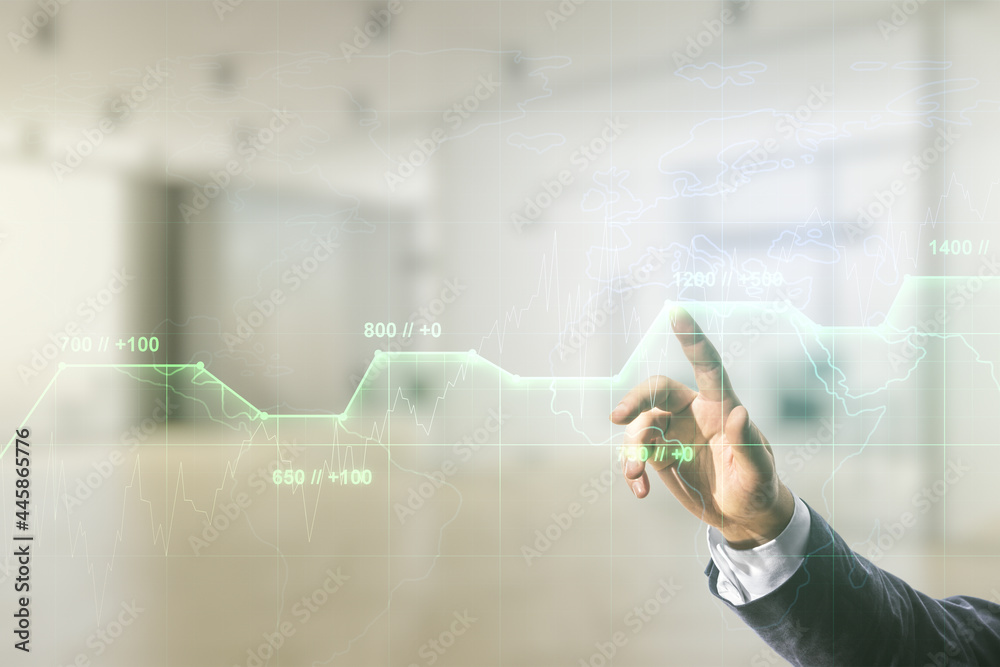 Poster multi exposure of male hand working with abstract statistics data hologram interface on blurred offi