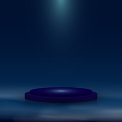 3D realistic blue pedestal with lighting and mist on dark blue background