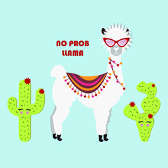 Pink, blue hand drawn cute card with llama, sunglasses and cactus.No drama lama