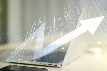 Multi exposure of abstract financial diagram with upward arrow on computer background, rise and breakthrough concept