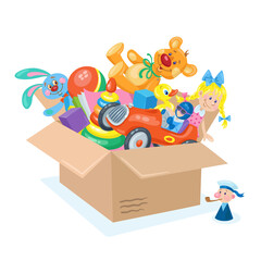 A large box with children's toys. Teddy bear, doll, car, bunny, pyramid, ball, rubber duck, books, cubes and others. In cartoon style. Isolated on white background. Vector illustration 