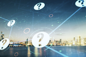 Abstract virtual question mark hologram on Chicago cityscape background, future technology concept. Multi exposure