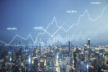 Double exposure of virtual creative financial diagram on Chicago office buildings background, banking and accounting concept