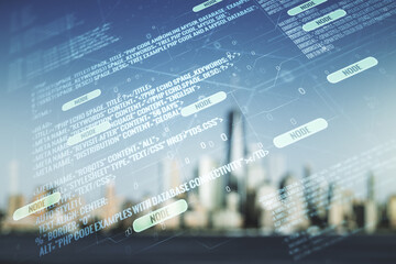 Double exposure of abstract programming language interface on blurry cityscape background, research and development concept