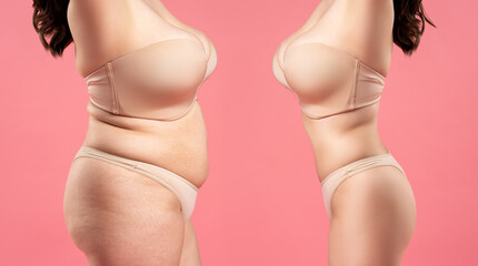 Woman's body before and after weight loss on pink background