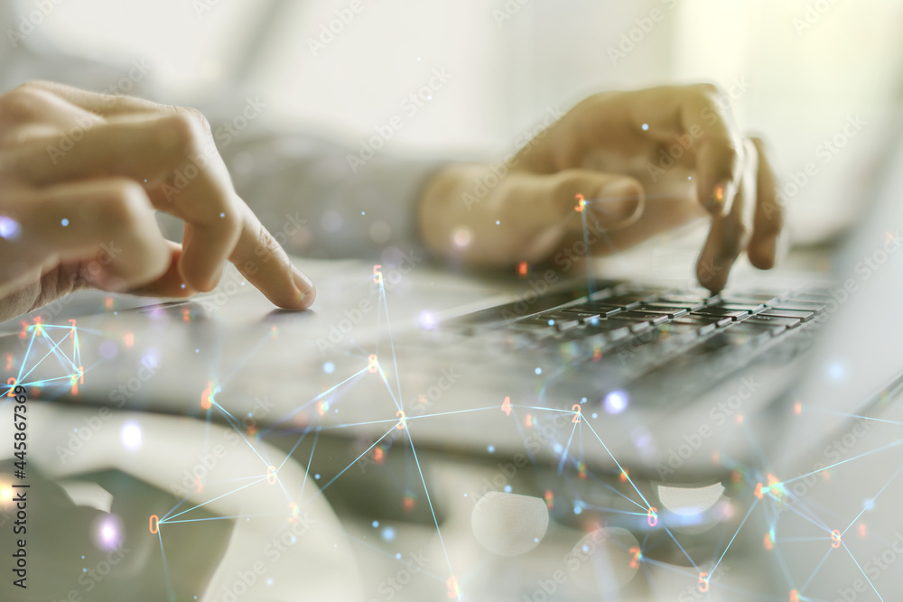 Aufkleber Double exposure of technology hologram and hands typing on laptop on background. Research and development software concept