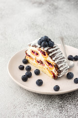A whole piece of cake poured with chocolate and sprinkled with coconut flakes with blueberries close-up in a plate