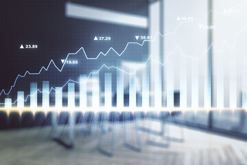 Abstract creative financial graph and modern desktop with computer on background, forex and investment concept. Multiexposure