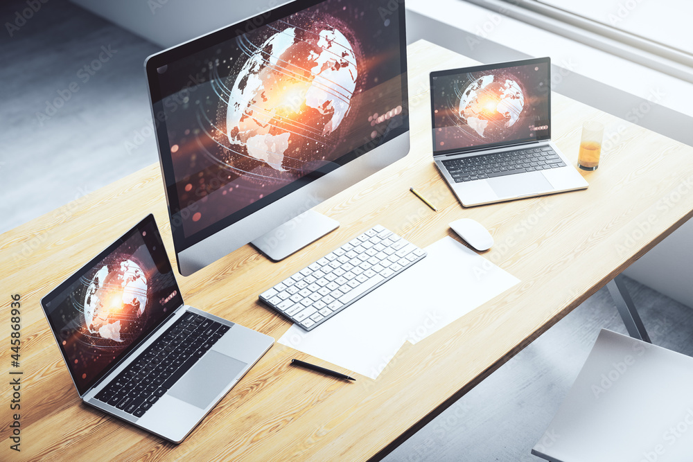 Poster Abstract creative digital world map on modern laptop monitor, tourism and traveling concept. 3D Rendering