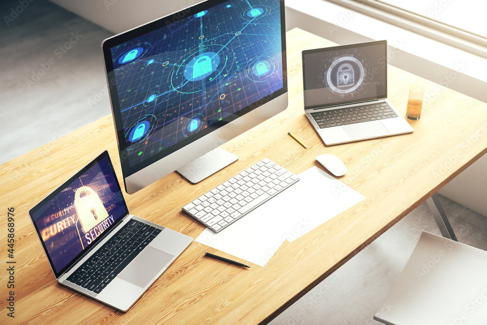 Aufkleber Computer monitor with creative light lock illustration and microcircuit, cyber security concept. 3D Rendering