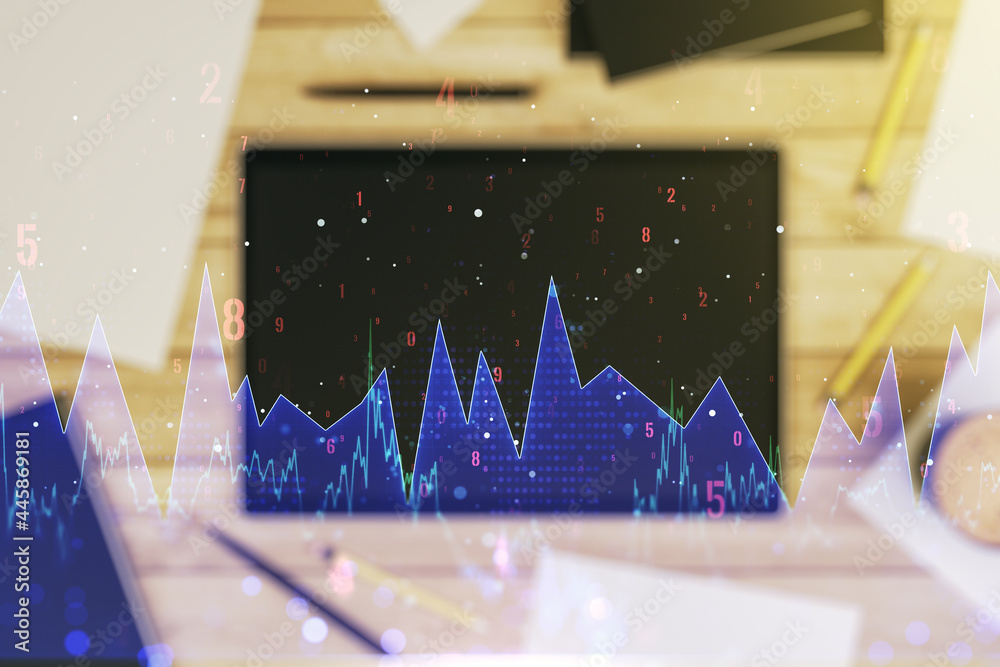 Poster multi exposure of abstract statistics data hologram interface and modern digital tablet on backgroun