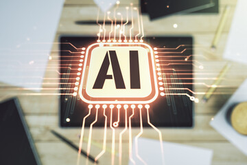 Creative artificial Intelligence symbol concept and modern digital tablet on background, top view. Multiexposure