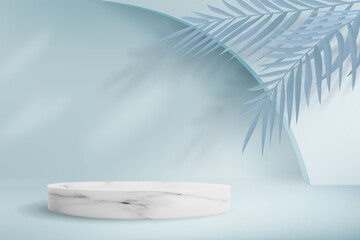 Abstract minimalistic blue background with marble podium. Empty pedestal for product display with palm leaves.