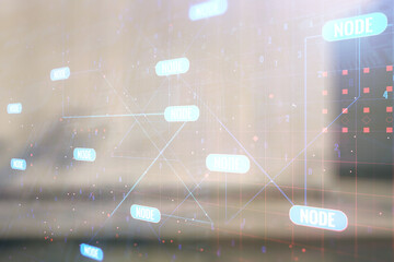 Abstract virtual coding illustration on blurry contemporary office building background, software development concept. Multiexposure