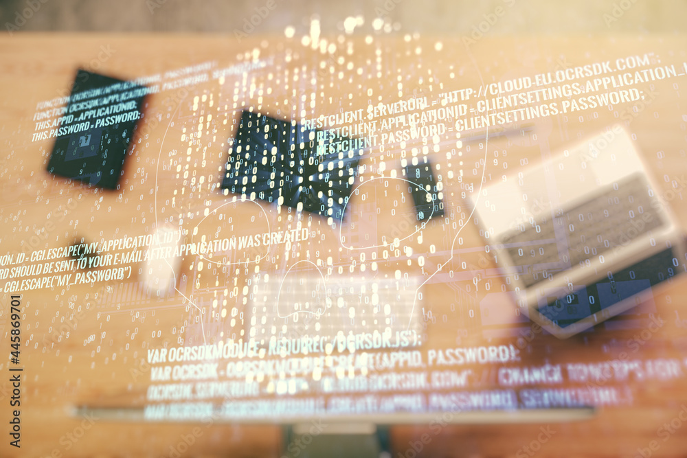 Poster creative code skull sketch on modern laptop background, theft of personal data and malware concept. 