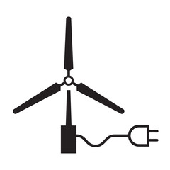 Wind power plug icon, wind energy symbol, wind turbine icon, windmill silhouette, black isolated on white background, vector illustration.
