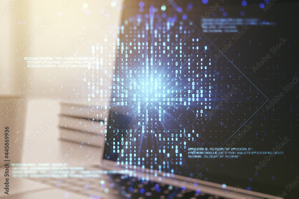 Poster creative code skull sketch on modern laptop background, theft of personal data and malware concept. 