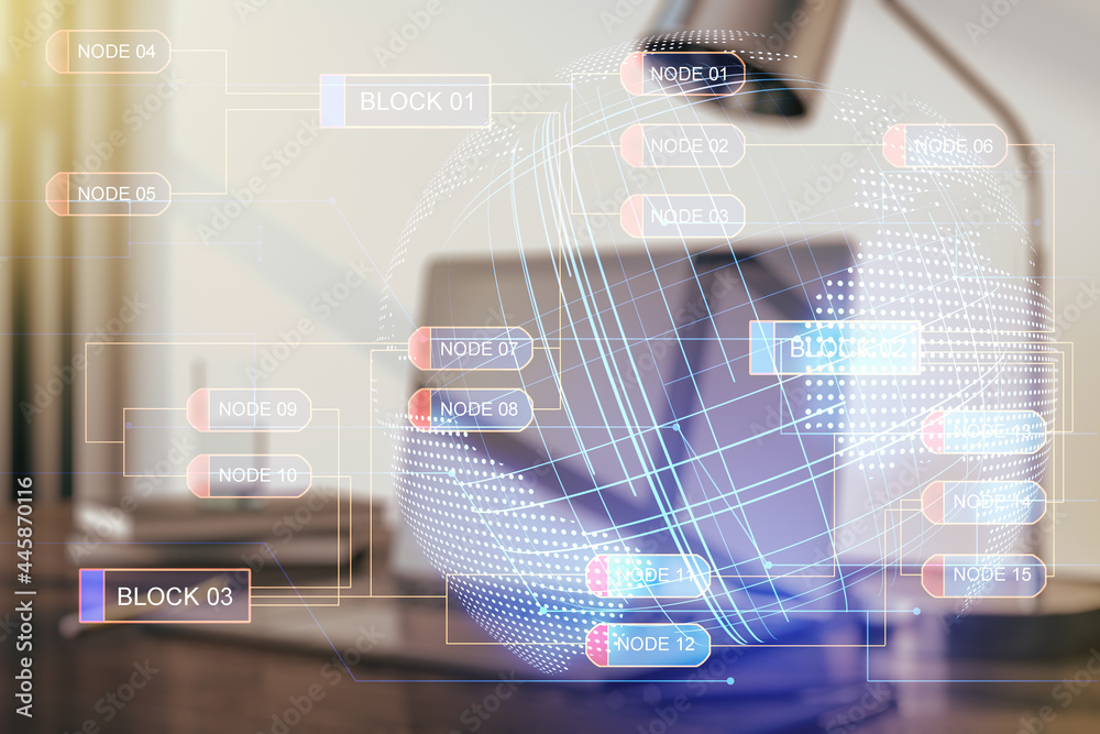 Poster double exposure of abstract programming language with world map on laptop background, research and d
