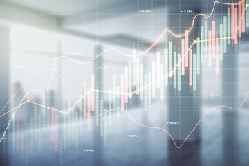 Double exposure of virtual creative financial diagram on empty room interior background, banking and accounting concept