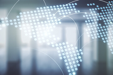 Abstract virtual world map with connections on empty corporate office background, international trading concept. Multiexposure