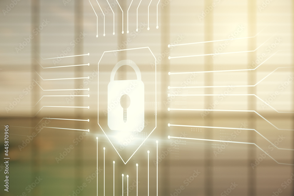Poster virtual creative lock symbol and microcircuit illustration on empty corporate office background. pro