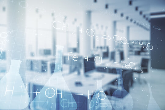 Abstract virtual creative chemistry hologram on a modern furnished office background. Multiexposure