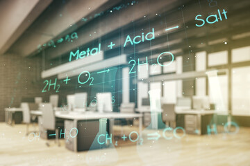 Abstract virtual chemistry illustration on a modern furnished classroom background, science and research concept. Multiexposure