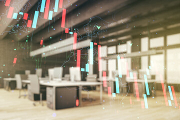 Obraz premium Economic crisis chart and world map hologram on a modern furnished classroom background, bankruptcy and recession concept. Multiexposure