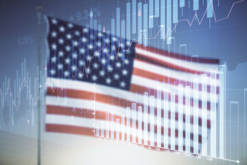 Abstract virtual financial graph hologram on USA flag and sunset sky background, forex and investment concept. Multiexposure