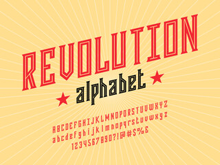 Propaganda Retro style alphabet design with uppercase, lowercase, numbers and symbols - obrazy, fototapety, plakaty