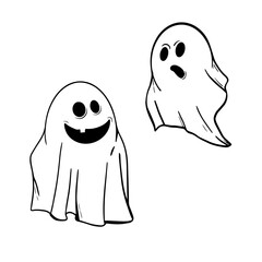 Two funny ghosts in ink on white. Halloween design elements.