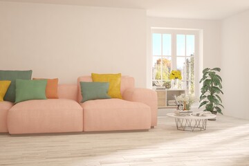Stylish room in white color with sofa and autumn landscape in window. Scandinavian interior design. 3D illustration