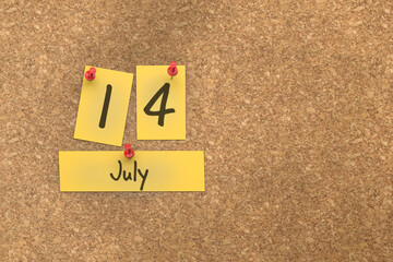 3d rendering of important days concept. July 14th. Day 14 of month. The date written on yellow papers is pinned to the cork board. Summer month, day of the year. Remind you an important event.