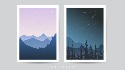 Landscape illustrations season, The mountains at night are full of trees and the sky is full of stars ,Flat design minimal style, wallpaper season template , illustration Vector EPS 10