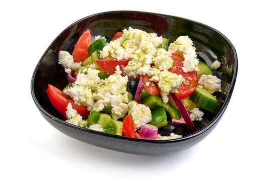 Vegetarian salad with cottage cheese, isolated on white background. High resolution image.