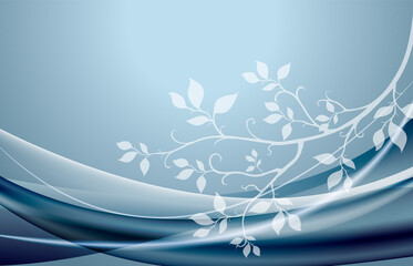A branch with leaves on a light blue background with flowing lines.