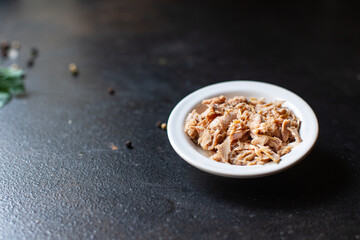 tuna fish canned seafood on the table healthy meal snack copy space food background rustic. top view 