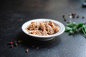 tuna fish canned seafood on the table healthy meal snack copy space food background rustic. top view 