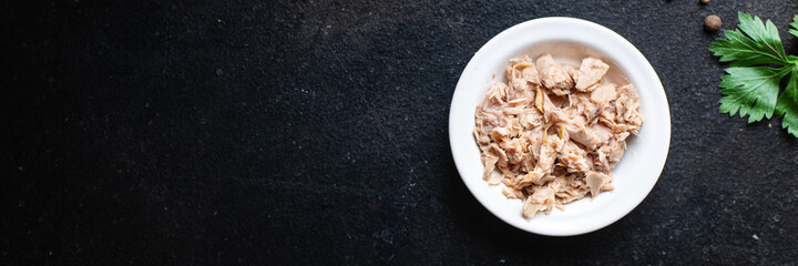 tuna fish canned seafood on the table healthy meal snack copy space food background rustic. top view 