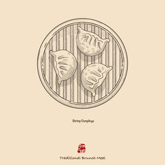 Hand drawn vector Dim Sum illustration, Shrimp dumplings. Vintage style design. Sketched by halftone dots and lines with a single color, easy to use on the different color backgrounds.