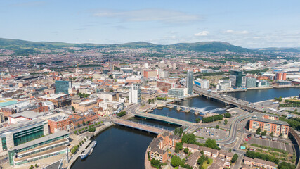 Aerial view on river and buildings in City center of Belfast Northern Ireland. Drone photo, high angle view of town