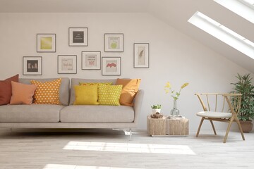 White living room with sofa. Scandinavian interior design. 3D illustration