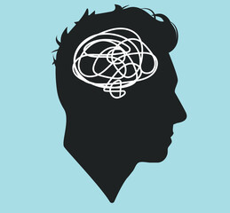 Silhouette of a male head. Icon. Stylish guy. Flat illustration of face. Head icon. Silhouette of a guy. Man avatar. Intrapersonal conflict. Depression. Entanglement. Psychology