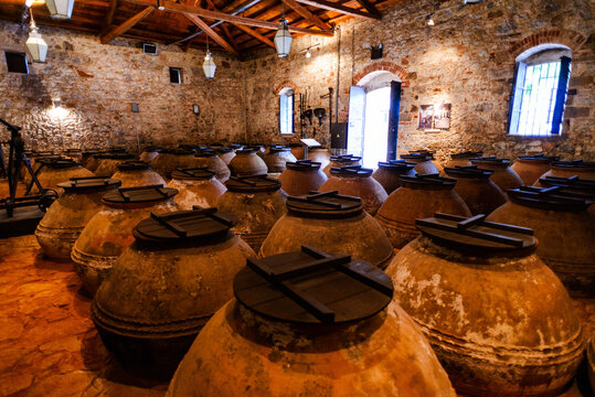 The making of extra virgin Olive Oil,  storage vintage ceramic pots, pitchers or amphoras, Lesbos, Greece