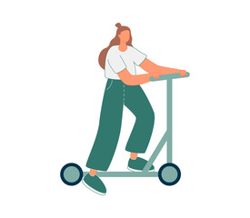 Vector illustration with woman riding kick scooter. Cartoon charcater.