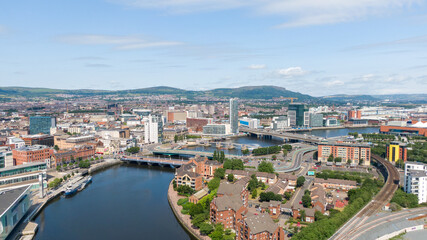 Aerial view on river and buildings in City center of Belfast Northern Ireland. Drone photo, high angle view of town
